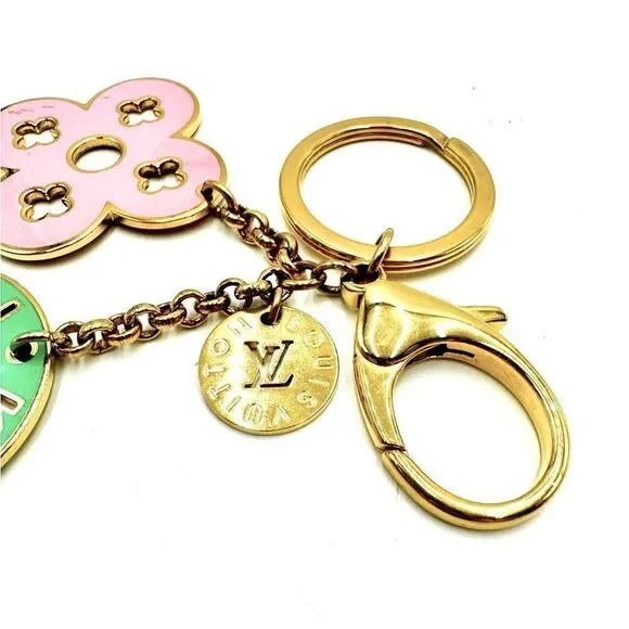 Auth Louis Vuitton Goldtone Key Ring Purse Accent Pink Green Preloved Bag Charm